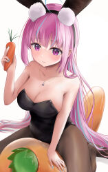Rule 34 | 1girl, absurdres, ahoge, anchor necklace, animal ear fluff, animal ears, black leotard, black pantyhose, blue hair, blue nails, blush, breasts, carrot, cleavage, fake animal ears, highres, holding, holding carrot, hololive, jewelry, large breasts, leotard, long hair, looking at viewer, minato aqua, mochiki 927, multicolored hair, nail polish, necklace, pantyhose, pink hair, playboy bunny, purple eyes, rabbit ears, smile, solo, streaked hair, very long hair, virtual youtuber