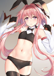 Rule 34 | 1boy, animal ears, armpits, astolfo (fate), astolfo (saber) (fate), bare shoulders, bikini, black bikini, black bow, black gloves, black hairband, black legwear, bobo (6630978), bow, closed mouth, cowboy shot, detached sleeves, fang, fate/grand order, fate (series), gloves, gradient background, grey background, hair bow, hair intakes, hairband, hands up, highres, long sleeves, male focus, multicolored hair, navel, pink hair, purple eyes, rabbit ears, short hair with long locks, sidelocks, skin fang, smile, stomach, streaked hair, swimsuit, thigh gap, thighhighs, trap, w arms, white hair