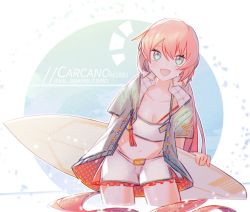Rule 34 | 1girl, :d, alternate costume, blue background, carcano m1891 (girls&#039; frontline), character name, commentary request, girls&#039; frontline, green eyes, jacket, kky, long hair, looking at viewer, male swimwear, navel, open mouth, partially submerged, pink hair, smile, solo, surfboard, swim trunks, swimsuit, twitter username, two-tone background, very long hair, wading, white background, white male swimwear, white swim trunks