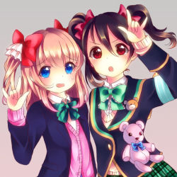 Rule 34 | &gt;:o, 2girls, :o, black hair, blazer, blue eyes, blush, bow, bowtie, brown hair, cardigan, cosplay, costume switch, crossover, double m/, girlfriend (kari), gradient background, hair bow, hiichan, jacket, long sleeves, love live!, love live! school idol project, m/, multiple girls, open clothes, open jacket, open mouth, red eyes, school uniform, striped bow, striped bowtie, striped clothes, striped neckwear, stuffed animal, stuffed toy, teddy bear, twintails, v-shaped eyebrows, yazawa nico, yuuki nae