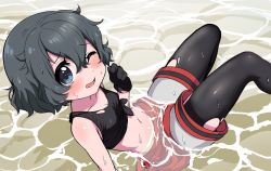 Rule 34 | 1girl, adapted costume, bare shoulders, black gloves, black hair, black pantyhose, black shirt, blue eyes, blush, clothes around waist, commentary request, crop top, gloves, kaban (kemono friends), kemono friends, one eye closed, pantyhose, partially submerged, ransusan, sand, shirt, shirt around waist, short hair, shorts, sitting, sleeveless, solo, tank top, tied shirt, torn clothes, torn pantyhose, water