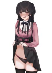 Rule 34 | 1girl, :o, absurdres, black hair, black ribbon, black skirt, blush, brown eyes, clothes lift, commentary request, dera self, embarrassed, full-face blush, highres, idolmaster, idolmaster shiny colors, lifting own clothes, looking at viewer, mayuzumi fuyuko, navel, neck ribbon, pink shirt, ribbon, round teeth, shirt, simple background, skirt, skirt lift, solo, teeth, thighhighs, two side up, v-shaped eyebrows, white background