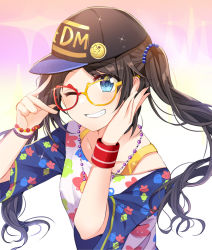 Rule 34 | 1girl, ;d, badge, baseball cap, bead necklace, beads, black hat, blue eyes, blue sleeves, blush, bra strap, bracelet, brown hair, button badge, chocho (homelessfox), clothes writing, collarbone, glasses, gradient background, grin, hair beads, hair ornament, hand on own cheek, hand on own face, hands up, hat, idolmaster, idolmaster shiny colors, jewelry, long hair, looking at viewer, mitsumine yuika, necklace, one eye closed, open mouth, print shirt, red-framed eyewear, shirt, short sleeves, smile, solo, sparkle, star (symbol), sweatband, swept bangs, teeth, tinted eyewear, upper body, v, white shirt, wristband, yellow-tinted eyewear