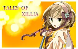Rule 34 | 1girl, border, breasts, brown hair, copyright name, green eyes, hairband, jacket, leia rolando, looking at viewer, open mouth, outside border, ribbon, short hair, solo, tales of (series), tales of xillia, white border, yellow background