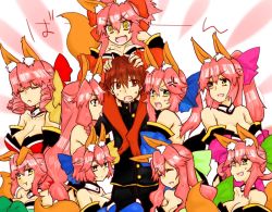 Rule 34 | 10s, 1boy, 6+girls, @ @, alternate color, alternate hairstyle, anger vein, animal ears, arm hug, bad id, bad pixiv id, bow, breasts, brown hair, carrying, cleavage, closed eyes, detached collar, detached sleeves, drill hair, fang, fangs, fate/extra, fate (series), fox ears, fox tail, frown, hair bow, hiiragi (jhug8877), kishinami hakuno (male), leg grab, long hair, multiple girls, multiple persona, open mouth, pink hair, red eyes, short hair, shoulder carry, sweatdrop, tail, tamamo (fate), tamamo aria (fate), tamamo cat (first ascension) (fate), tamamo no mae (fate/extra), thighhighs, tongue, very long hair, yellow eyes