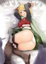 Rule 34 | 10s, 1girl, 2015, ahoge, ass, belt, black thighhighs, blonde hair, blush, boots, breasts, cape, chain, clothes lift, curvy, dated, eyebrows, female focus, gloves, granblue fantasy, green cape, green skirt, highres, huge ass, knees together feet apart, large breasts, long sleeves, looking at viewer, lying, mizuyan, on side, open mouth, panties, pantyshot, restrained, short hair, signature, skirt, skirt lift, solo, teena (granblue fantasy), thick thighs, thigh boots, thighhighs, thighs, underbust, underwear, upskirt, wide hips, wrist cuffs, yellow eyes