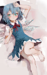 Rule 34 | 1girl, 3:, aqua eyes, arm over head, arm rest, arm up, bare legs, barefoot, black bow, blue dress, blue hair, blue nails, blush, bow, cirno, closed mouth, commentary, dot nose, dress, dutch angle, english commentary, foot out of frame, from above, green pupils, grey background, hair between eyes, hair bow, half updo, hand on own head, hand up, highres, ice, ice wings, knee up, large bow, looking at viewer, looking to the side, lying, nail polish, neck ribbon, on back, pinafore dress, puffy short sleeves, puffy sleeves, red ribbon, reddizen, ribbon, short dress, short hair, short sleeves, shy, sleeveless dress, solo, swept bangs, toenail polish, toenails, touhou, untying, wing collar, wings