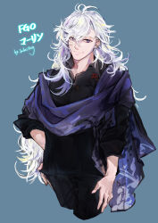 Rule 34 | 1boy, ahoge, black shirt, blue background, collared shirt, dogdogwanwan, fate/grand order, fate (series), hair between eyes, hand on own hip, highres, long hair, looking at viewer, male focus, merlin (camelot &amp; co) (fate), merlin (fate), official alternate costume, purple eyes, purple scarf, scarf, shirt, signature, simple background, smile, solo, very long hair