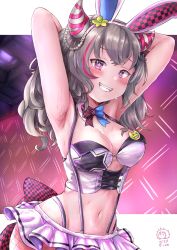 Rule 34 | 1girl, alternate hair length, alternate hairstyle, animal ears, armpits, arms up, artist logo, azur lane, badge, bare shoulders, blush, bow, bowtie, breasts, button badge, cleavage, commentary, cowboy shot, detached collar, dime-san, fake animal ears, fishnet legwear, fishnets, grey hair, grin, groin, hair between eyes, hair horns, highres, looking at viewer, medium breasts, midriff, miniskirt, multicolored hair, navel, official alternate costume, pink skirt, pleated skirt, purple eyes, purple hair, rabbit ears, san francisco (azur lane), san francisco (funny bunny!) (azur lane), shirt, short hair, sidelocks, skirt, sleeveless, smile, solo, standing, strapless, strapless shirt, streaked hair, suspender skirt, suspenders, sweat, teeth