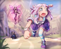 Rule 34 | 10s, 3girls, black hair, breasts, cleavage, clenched hands, collarbone, d-pad, dress, elbow gloves, female focus, fleeing, floating, gloves, hair ornament, hood, hoodie, iris heart, kami jigen game neptune v, long hair, looking at viewer, multiple girls, navel, neptune (neptunia), neptune (series), noire (neptunia), open mouth, outstretched arms, perspective, purple eyes, purple hair, pururut, red eyes, running, segamark, short sleeves, smile, solo focus, striped clothes, striped legwear, striped thighhighs, tears, thighhighs, twintails