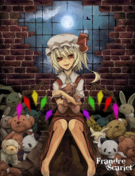 Rule 34 | 1girl, blonde hair, crystal, fang, fangs, female focus, flandre scarlet, full moon, hat, hat ribbon, indoors, moon, night, open mouth, puffy sleeves, red eyes, ribbon, short hair, short sleeves, side ponytail, sitting, smile, solo, stuffed animal, stuffed toy, teddy bear, touhou, tsuizi, wings