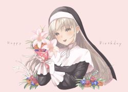 Rule 34 | 1girl, blue flower, bouquet, bow, brown eyes, cropped torso, flower, gloves, habit, happy, happy birthday, herio, highres, holding, holding bouquet, light brown hair, long hair, looking at viewer, nijisanji, nun, open mouth, orange flower, pink background, pink flower, red flower, rose, simple background, sister claire, sister claire (1st costume), smile, solo, traditional nun, upper body, virtual youtuber, white gloves