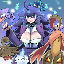 Rule 34 | 1girl, @ @, adapted costume, ahoge, blue background, breasts, cleavage cutout, clothing cutout, commentary request, creatures (company), disembodied hand, dragodragodran, fangs, game freak, gen 1 pokemon, gen 2 pokemon, gen 5 pokemon, gen 6 pokemon, gourgeist, haunter, hex maniac (pokemon), highres, large breasts, litwick, looking at viewer, looking back, murkrow, nail polish, nintendo, one eye closed, open mouth, pokemon, pokemon xy, pumpkaboo, purple eyes, purple hair, smile, solid oval eyes, yellow eyes