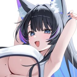 1girl animal_ear_fluff animal_ears armpits arms_behind_head arms_up bare_shoulders black_hair blue_eyes blue_hair blue_nails bra breasts colored_inner_hair diamond-shaped_pupils diamond_(shape) fang fox_ears highres large_breasts long_hair looking_at_viewer mole mole_on_breast multicolored_hair nail_polish nannung open_mouth original portrait simple_background smile solo streaked_hair symbol-shaped_pupils tsukinaka_chie two-tone_hair underboob underwear white_background white_bra