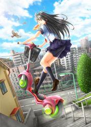Rule 34 | 1girl, ash (bgash0207), bike shorts, bird, black hair, blue skirt, blush, bread slice, building, city, cloud, flying vehicle, food, food in mouth, hover scooter, lamppost, loafers, long hair, looking away, motor vehicle, motorized scooter, mouth hold, one eye closed, original, outdoors, parted lips, pleated skirt, railing, school uniform, serafuku, shoes, skirt, sky, smile, socks, stairs, teeth, toast, toast in mouth, tree, yellow eyes