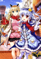 Rule 34 | 2girls, absurdres, animal ears, aqua eyes, black skirt, blonde hair, blue bow, blue ribbon, bow, breasts, capelet, cat tail, day, dress, elbow gloves, eyebrows, flower, fujima takuya, gloves, hair between eyes, hair flower, hair ornament, hairband, highres, holding hands, index finger raised, interlocked fingers, kagamihara azumi, long hair, looking at viewer, lying, medium breasts, miniskirt, multiple girls, neck ribbon, on side, open mouth, orange gloves, orange hairband, outdoors, pink shirt, pocket, pom pom (clothes), rabbit ears, red eyes, red scarf, ribbon, rigel (z/x), road, scarf, shared clothes, shared scarf, shirt, silver hair, skirt, standing, street, tail, thighhighs, white gloves, white legwear, yellow flower, z/x