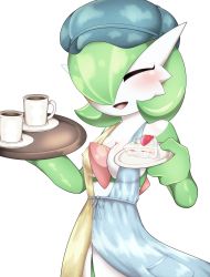 Rule 34 | 1girl, ^ ^, bare shoulders, blue dress, blue hat, blush, bob cut, breasts, cabbie hat, cake, cake slice, closed eyes, clothed pokemon, coffee, colored skin, covered erect nipples, cream, creatures (company), cup, dress, drink, female focus, food, fruit, game freak, gardevoir, gardevoir (cafe), gen 3 pokemon, green hair, green skin, hair over one eye, hands up, happy, hat, highres, holding, holding drink, holding food, holding plate, holding tray, medium breasts, multicolored skin, nintendo, no bra, one eye covered, open mouth, plate, pokemon, pokemon (creature), pokemon unite, saucer, short hair, simple background, sleeveless, sleeveless dress, smile, solo, standing, strawberry, tahita, transparent background, tray, two-tone dress, two-tone skin, upper body, waitress, white skin, yellow dress