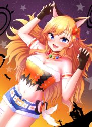 Rule 34 | 1girl, arms up, ban (puka 0507), bead necklace, beads, blonde hair, blue eyes, blue shorts, blush, bow, breasts, brown background, brown gloves, collar, collarbone, commentary request, fang, fingerless gloves, fur-trimmed shorts, fur trim, gloves, hair bow, halloween, halloween costume, highres, idolmaster, idolmaster cinderella girls, jewelry, long hair, looking at viewer, navel, necklace, official alternate costume, ohtsuki yui, open clothes, open mouth, open shorts, orange bow, purple background, shorts, smile, solo, star (sky), star (symbol), stomach, strapless, tongue, tube top