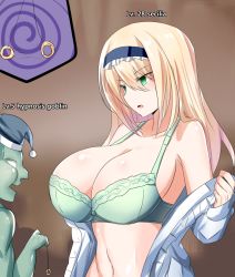 Rule 34 | 1boy, 1girl, blonde hair, breasts, cleavage, goblin, goblin male, green eyes, highres, hypnosis, imminent penetration, kishi, large breasts, long hair, mind control, open mouth