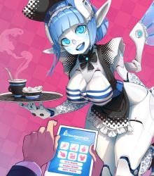 Rule 34 | 1boy, 1girl, android, argyle, argyle background, argyle clothes, black bow, blue eyes, blue hair, blunt bangs, blush, bow, breasts, cup, diamond (shape), english text, humanoid robot, joints, looking at viewer, maid, mecha musume, mechanical arms, mechanical legs, mechanical parts, mechanical wings, menu, open mouth, original, out of frame, pointy ears, pov, robot, robot joints, smile, solo focus, tablet pc, teacup, tray, wings, xaxaxa