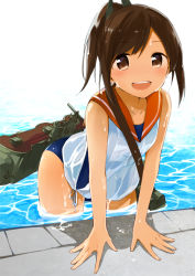 Rule 34 | 10s, 1girl, :d, brown eyes, brown hair, fuji-yama, i-401 (kancolle), kantai collection, looking at viewer, machinery, open mouth, ponytail, smile, solo, swimsuit, swimsuit under clothes, turret, water, wet