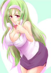 Rule 34 | 10s, 1girl, ahoge, breasts, cleavage, collarbone, curvy, covered erect nipples, finger to mouth, green hair, hairband, huge breasts, long hair, naughty face, popped collar, red eyes, skirt, solo, star driver, very long hair, watanabe kanako
