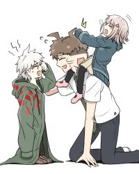 1girl 2boys aged_down ahoge blush breasts brown_hair child collared_shirt danganronpa_(series) danganronpa_2:_goodbye_despair flipped_hair galaga green_necktie hair_ornament highres hinata_hajime hood jacket kmnm_1403 komaeda_nagito long_sleeves medium_hair multiple_boys nanami_chiaki neck_ribbon necktie open_clothes open_jacket open_mouth pants pink_ribbon pleated_skirt ribbon shirt short_hair short_sleeves simple_background skirt smile spaceship_hair_ornament thighhighs white_shirt