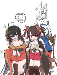 Rule 34 | 1boy, 4girls, :d, ?, akagi-chan (azur lane), amagi-chan (azur lane), animal ears, azur lane, bare shoulders, bell, bird mask, black hair, black kimono, blue eyes, blue skirt, blush, brown hair, clothes grab, commander (azur lane), curious, dress, eyeshadow, facing viewer, fox ears, fox girl, fox tail, from behind, hair bell, hair between eyes, hair ornament, hairclip, hiding, hiding behind another, highres, holding, holding letter, japanese clothes, kaga (azur lane), kimono, kitsune, letter, long hair, looking at another, looking back, love letter, makeup, mask, mask on head, medium hair, multiple girls, multiple tails, off-shoulder dress, off shoulder, open mouth, orange eyes, oukama, peeking out, purple eyes, red eyes, red eyeshadow, red kimono, red skirt, short hair, skirt, slit pupils, smile, staring, surprised, taihou-chan (azur lane), tail, thighhighs, thought bubble, twintails, very long hair, white hair, wide sleeves