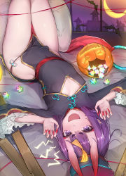 Rule 34 | 1girl, bat (animal), beret, black dress, blush, breasts, chinese clothes, cleavage cutout, clothes between thighs, clothing cutout, crescent moon, dress, eyeliner, fate/grand order, fate (series), fingernails, halloween, hat, heroic spirit festival outfit, highres, horns, jack-o&#039;-lantern, jiangshi, long fingernails, long sleeves, looking at viewer, lying, makeup, moon, nail polish, night, night sky, ofuda, on back, oni, open mouth, pelvic curtain, purple eyes, purple hair, qingdai guanmao, saint quartz (fate), sash, sharp fingernails, sherryqq, short eyebrows, short hair, shuten douji (fate), shuten douji (festival outfit) (fate), side slit, skin-covered horns, sky, small breasts, smile, solo, thighs, wide sleeves