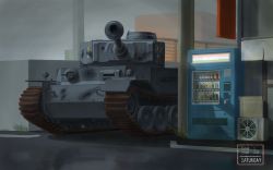 Rule 34 | 2019, awning, bad id, bad pixiv id, caterpillar tracks, cupola, damaged, dated, girls und panzer, grass, highres, military, military vehicle, motor vehicle, no humans, tank, tiger (p), turret, useless (gss44344), vending machine, wallpaper