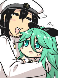 Rule 34 | 10s, 1boy, 1girl, black hair, blush stickers, choker, comic, commentary request, epaulettes, closed eyes, flying sweatdrops, gloves, goma (gomasamune), green eyes, green hair, hair between eyes, hat, hetero, highres, hug, kantai collection, long hair, military, military hat, military uniform, open mouth, peaked cap, ponytail, sidelocks, smile, sparkle, sweatdrop, tearing up, uniform, white background, yamakaze (kancolle)