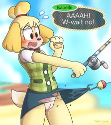 Rule 34 | 1girl, absurdres, animal crossing, animal ears, artist name, bell, blonde hair, blue skirt, blue sky, blush, blush stickers, breasts, brown eyes, character name, cloud, cowboy shot, day, dog ears, dog girl, dog tail, embarrassed, english text, female focus, fishing rod, flying sweatdrops, furry, furry female, green vest, hair bell, hair ornament, hair tie, hand up, highres, holding, isabelle (animal crossing), jingle bell, looking down, maypul syrup, miniskirt, neck ribbon, nintendo, no panties, nose blush, ocean, open mouth, outdoors, outstretched arms, pencil skirt, plaid, plaid vest, pussy, pussy juice, red ribbon, ribbon, shirt, short hair, short sleeves, signature, skirt, sky, small breasts, solo, speech bubble, standing, tail, talking, tears, teeth, topknot, torn clothes, torn skirt, uncensored, vest, wardrobe malfunction, water, wavy mouth, white shirt