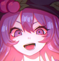 Rule 34 | 1girl, black hat, blue eyes, blue hair, chromatic aberration, close-up, hair between eyes, hat, hinanawi tenshi, leaf hat ornament, limited palette, looking at viewer, one-hour drawing challenge, open mouth, peach hat ornament, solo, teeth, touhou, v-shaped eyebrows, zabu rou