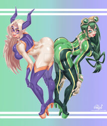 Rule 34 | 2girls, ass, ass-to-ass, asui tsuyu, blonde hair, bodysuit, boku no hero academia, breasts, green hair, high heels, highres, large breasts, looking at viewer, mount lady, multiple girls, skin tight, smile, solfei, tongue, tongue out