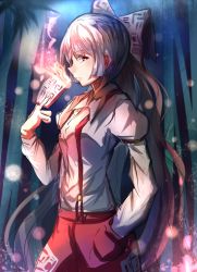 Rule 34 | 1girl, bad id, bad pixiv id, bamboo, bamboo forest, bow, fire, forest, fujiwara no mokou, hair bow, hand in pocket, highres, hizagawa rau, juliet sleeves, long hair, long sleeves, looking at viewer, nature, ofuda, pants, puffy sleeves, red eyes, shirt, silver hair, solo, suspenders, touhou, very long hair