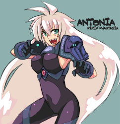 Rule 34 | 1girl, bodysuit, breasts, fang, green eyes, large breasts, long hair, original, pixiv fantasia, pixiv fantasia 1, rumie, shoulder pads, solo, very long hair, white hair