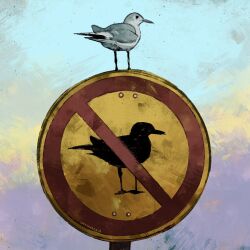 Rule 34 | absurdres, animal, animal focus, artist name, bird, catwheezie, cloud, cloudy sky, commentary, day, english commentary, highres, meme, no humans, original, outdoors, seagull, sign, signpost, sky, watermark