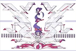Rule 34 | 1girl, absurdres, bow, character name, cubism, detached sleeves, dress, floating hair, geometric pattern, hair bow, hair over one eye, hair tubes, hakurei reimu, harano kaguyama, highres, japanese clothes, long dress, long hair, looking at viewer, miko, ofuda, purple hair, red bow, ribbon-trimmed sleeves, ribbon trim, smile, touhou, very long hair, very long sleeves, white background, wide sleeves