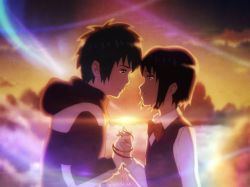 Rule 34 | 1boy, 1girl, blurry, brown hair, commentary request, eye contact, holding hands, hood, hoodie, interlocked fingers, kimi no na wa., looking at another, miyamizu mitsuha, red ribbon, revision, ribbon, short hair, spoilers, sunday-offline, tachibana taki