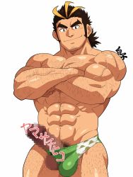 Rule 34 | 1boy, abs, bara, black hair, blonde hair, bulge, censored, chest hair, cowboy shot, crossed arms, erection, facial hair, hairy, highres, large pectorals, long sideburns, looking at viewer, male focus, male pubic hair, manly, mosaic censoring, multicolored hair, muscular, navel, pectorals, penis, pubic hair, shirako (artist), shirako (kirupi), short hair, sideburns, solo, streaked hair, stubble, thick eyebrows, thick thighs, thighs, tokyo houkago summoners, topless male, upper body, yamasachihiko (housamo)