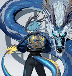 Rule 34 | 1girl, 2024, absurdres, animal ears, black pants, blue eyes, blue hair, blue jacket, blue theme, chinese zodiac, commentary, cowboy shot, denim, dragon, dragon ears, dragon girl, dragon horns, dragon print, dragon tail, eastern dragon, from behind, glowing, glowing eyes, highres, horns, jacket, jeans, long hair, looking at viewer, original, pants, ratatatat74, sharp teeth, slit pupils, standing, tail, teeth, white background, year of the dragon