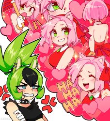 Rule 34 | 2girls, amy rose, anger vein, animal ears, black hair, blue eyes, blush, breasts, ciosuii, clenched teeth, collar, dress, ear piercing, green eyes, green hair, grin, hairband, hammer, heart, highres, holding, holding hammer, humanization, laughing, multicolored hair, multiple girls, open mouth, piercing, ponytail, red dress, red hairband, shirt, sleeveless, sleeveless shirt, smile, sonic (series), sonic the hedgehog (idw), spiked collar, spikes, surge the tenrec, tearing up, teeth
