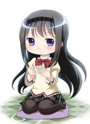 Rule 34 | 10s, 1girl, akemi homura, black hair, bow, cup, hairband, long hair, looking at viewer, m-eine, mahou shoujo madoka magica, mahou shoujo madoka magica (anime), pantyhose, purple eyes, school uniform, simple background, sitting, skirt, solo, squatting, teacup, white background