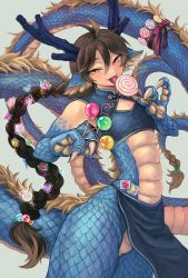 Rule 34 | 1boy, ahoge, androgynous, animal feet, animal hands, bifuteki (bi futeki), blue scales, bow, braid, braided ponytail, brown hair, candy, candy hair ornament, claws, cleavage cutout, clothing cutout, cowboy shot, crop top, dragon boy, dragon tail, fangs, food, food-themed hair ornament, green background, hair between eyes, hair ornament, highres, holding, holding candy, holding food, holding lollipop, licking, loincloth, lollipop, long hair, looking at viewer, male focus, mandarin collar, monster boy, original, pelvic curtain, scales, sleeveless, slit pupils, smile, solo, tail, tail bow, tail ornament, trap, very long hair, yellow eyes