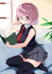 Rule 34 | 1girl, bad id, bad pixiv id, bare arms, bare shoulders, black-framed eyewear, black shirt, black thighhighs, blurry, blurry background, book, closed mouth, collared shirt, commentary request, depth of field, fate/grand order, fate (series), glasses, grey skirt, hair over one eye, hand up, hasegawa (rarairairai), highres, holding, holding book, looking at viewer, mash kyrielight, necktie, one eye covered, open book, pink hair, pleated skirt, purple eyes, red necktie, shirt, sitting, skirt, sleeveless, sleeveless shirt, solo, thighhighs, window, wing collar
