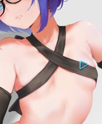 Rule 34 | 1girl, a-chan (hololive), arched back, black-framed eyewear, black gloves, blue eyes, blue hair, breasts, cohi27151463, commentary request, criss-cross halter, elbow gloves, glasses, gloves, halterneck, head out of frame, highres, hololive, short hair, skindentation, sling bikini top, small breasts, solo, upper body, virtual youtuber