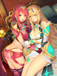 Rule 34 | 2girls, absurdres, black gloves, blonde hair, breasts, chest jewel, cleavage, cleavage cutout, clothing cutout, dress, earrings, fingerless gloves, gloves, highres, jewelry, kashiwamochi yomogi, large breasts, long hair, multiple girls, mythra (xenoblade), pyra (xenoblade), red eyes, red hair, red shorts, short dress, short hair, short shorts, shorts, swept bangs, tiara, very long hair, white dress, xenoblade chronicles (series), xenoblade chronicles 2, yellow eyes
