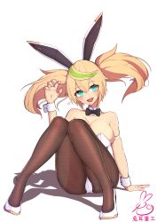 Rule 34 | 1girl, :d, animal ears, aqua eyes, armlet, artist request, black bow, blonde hair, bow, bowtie, breasts, brown pantyhose, detached collar, fake animal ears, fishnet pantyhose, fishnets, full body, gene (pso2), green hair, heart, highres, large breasts, leotard, long hair, looking at viewer, multicolored hair, open mouth, pantyhose, phantasy star, phantasy star online 2, playboy bunny, rabbit ears, shadow, shiny skin, shoes, signature, simple background, sitting, smile, solo, streaked hair, twintails, two-tone hair, white background, white footwear, white leotard, wrist cuffs