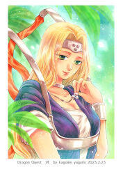 Rule 34 | 1girl, artist name, blonde hair, bracelet, breasts, circlet, closed mouth, dated, defense zero, dragon quest, dragon quest vi, dress, green eyes, hair intakes, hand up, holding, holding jewelry, holding necklace, jewelry, leaf, lips, long hair, looking at viewer, medium breasts, mireyu, neck ring, necklace, parted bangs, ribbon, short sleeves, smile, solo, upper body