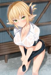 Rule 34 | 1girl, ?, absurdres, aegis (takunomi), black skirt, blonde hair, breasts, cleavage, collarbone, collared shirt, crop top, elf, folded ponytail, green eyes, hair ornament, hairclip, highres, huge filesize, large breasts, leaning forward, long hair, looking at viewer, midriff, miniskirt, original, parted lips, pleated skirt, pointy ears, rain, see-through, shadow, shirt, short sleeves, sidelocks, skirt, solo, standing, takunomi, water, wet, wet clothes, wet shirt
